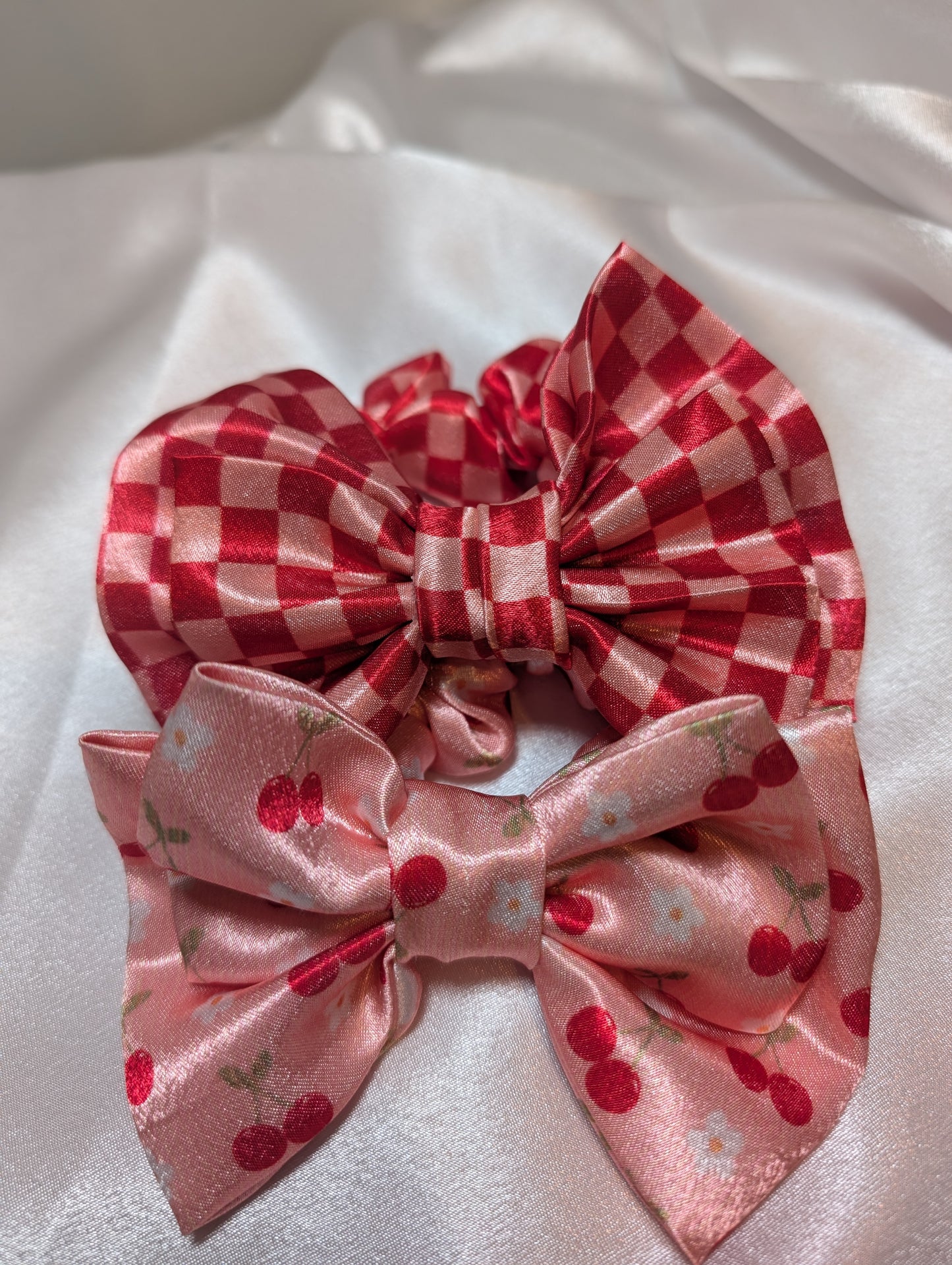 Pink Cherry Satin Scrunchie Bow