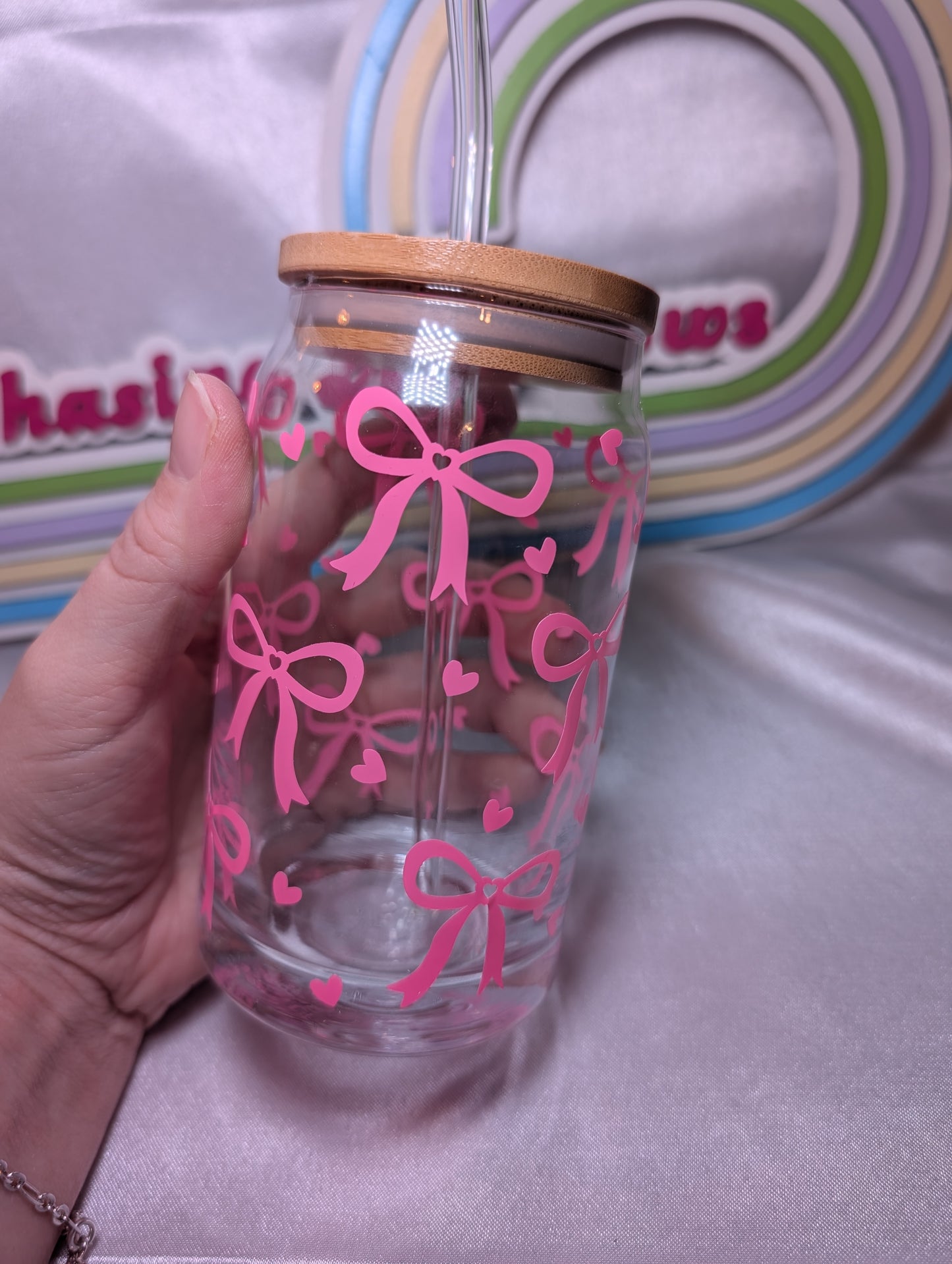 Pink Bows Glass Can with Straw