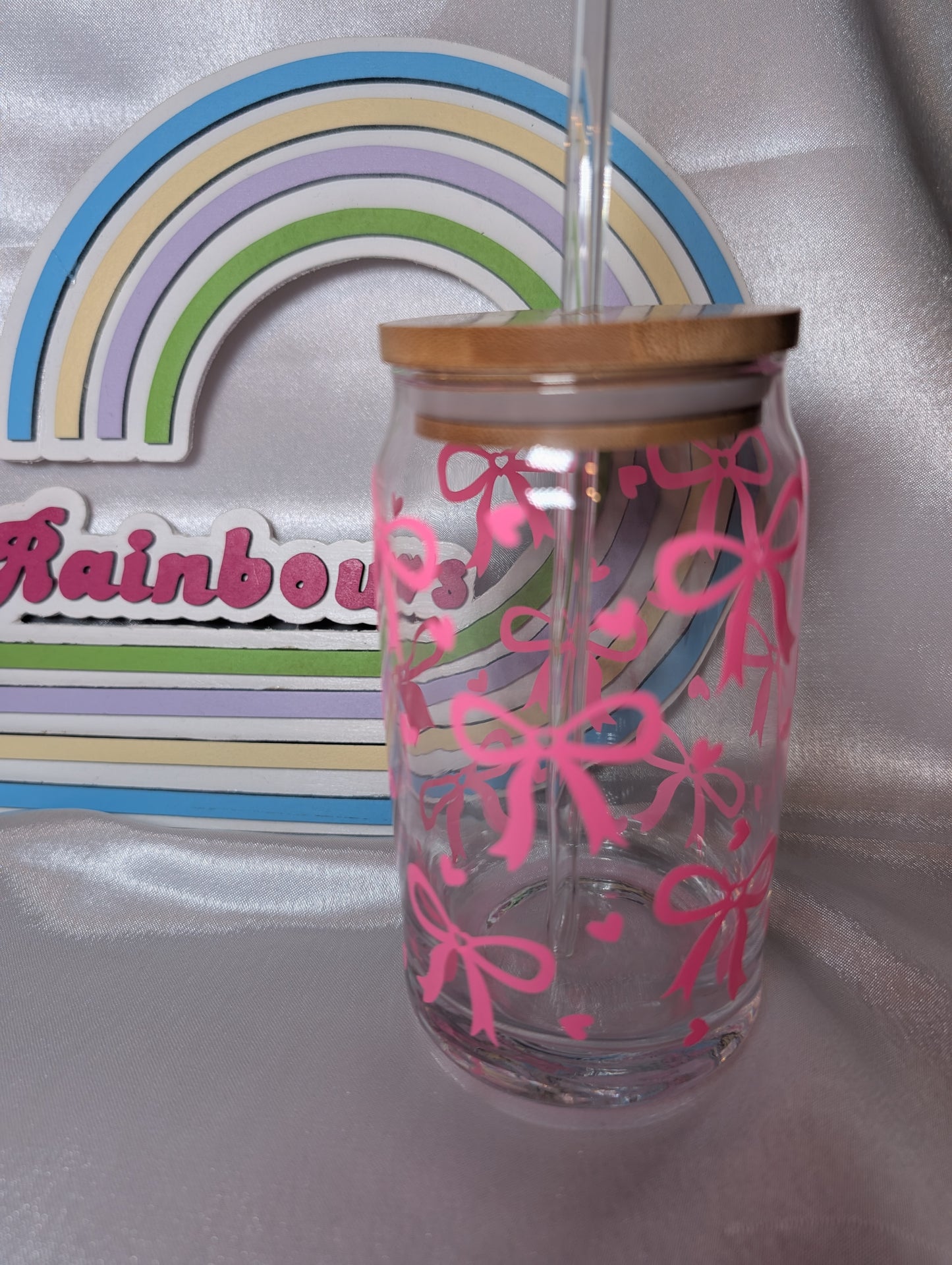 Pink Bows Glass Can with Straw
