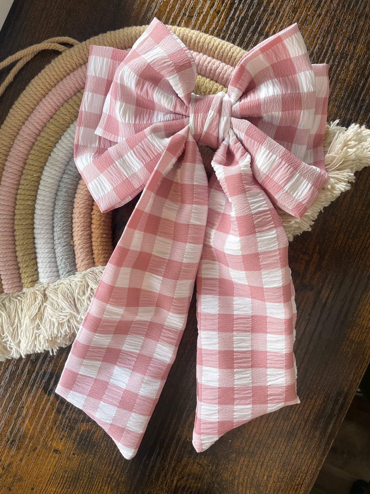 Pink Gingham Long Tailed Bow