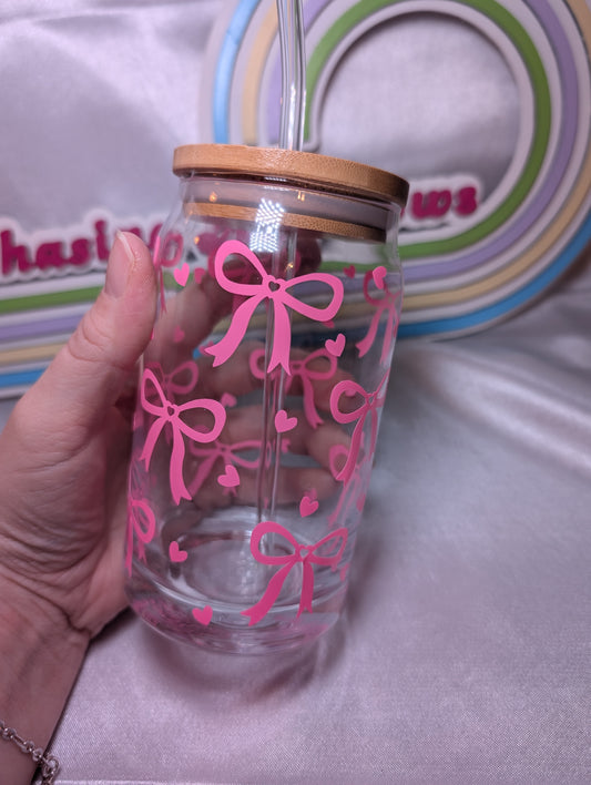 Pink Bows Glass Can with Straw